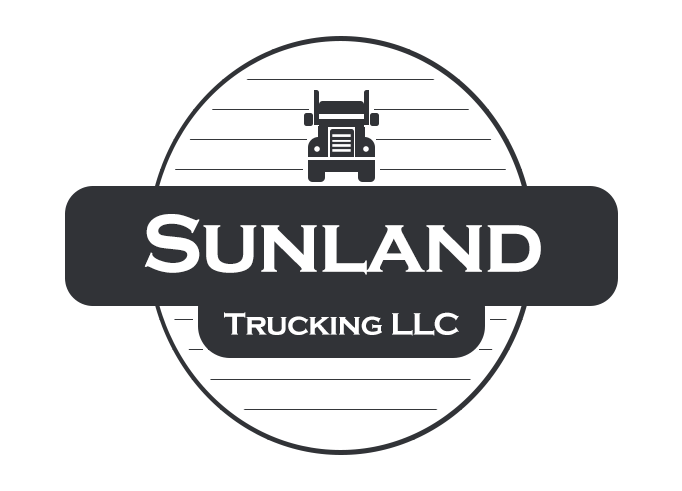 A circular logo depicting an image of a truck in the center of a sun with the words Sunland Trucking LLC under it.